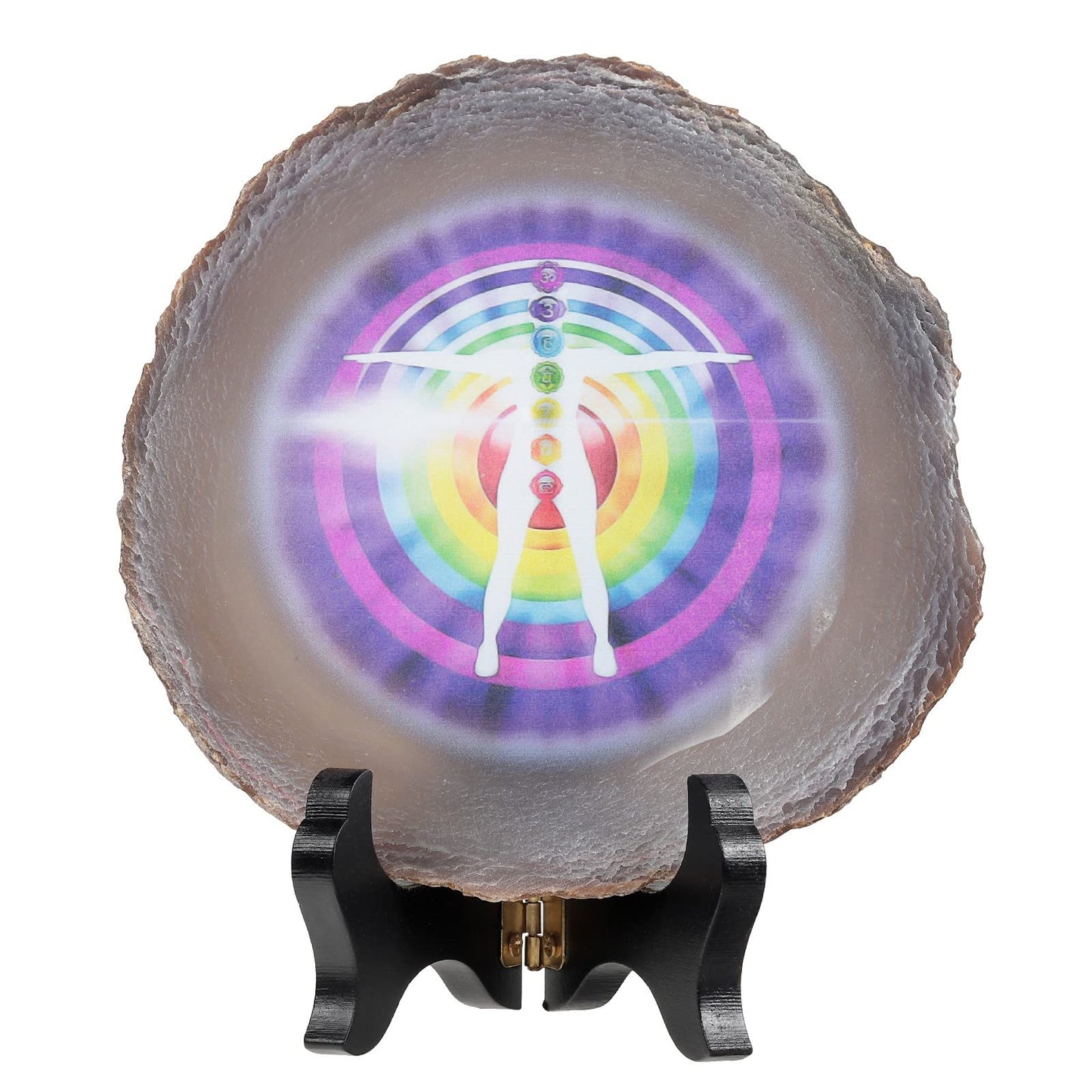 SUNYIK 7 Chakra Pattern Natural Geode Agate Slice Display with Wooden Stand, Irregular Agate Slab Tabletop Desktop for Office Home Decor, Light Purple-7 Chakra