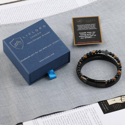 LIVLOKO Mens Bracelet Leather Black Multi-Layer Tiger-Eye Beaded Bracelet for Men Magnetic Clasp Rope Wristband Mens Gift for Boyfriend