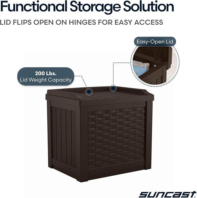 Suncast Outdoor Deck Box - 22 Gallon Java Resin Outdoor Storage Box, Weatherproof Patio Storage Bin Container for Seating & Organizing Cushions, Tools & Towels for Pool, Yard, & Garden