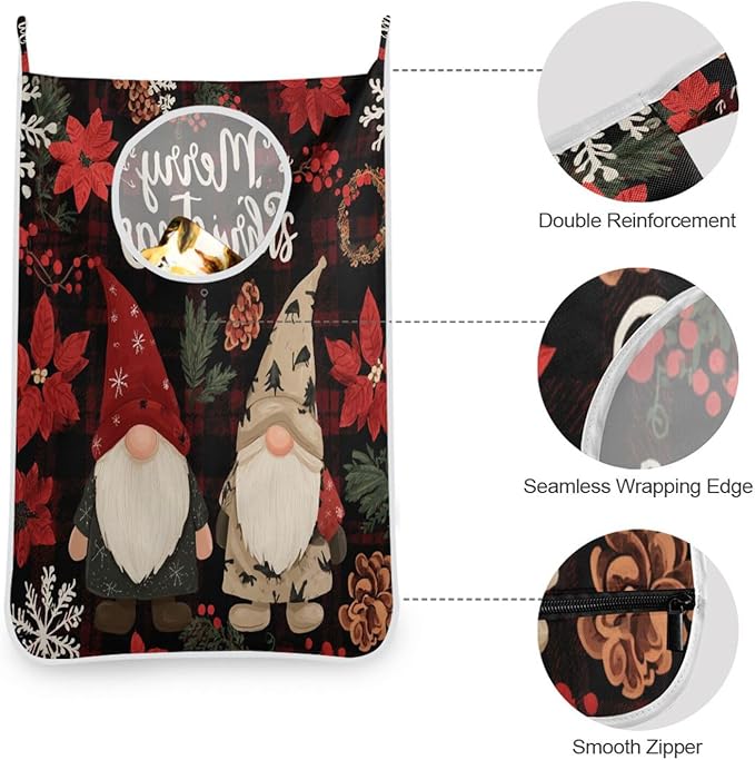 Checkered Christmas Floral Gnomes Hanging Laundry Hamper Door Hampers Bag Basket