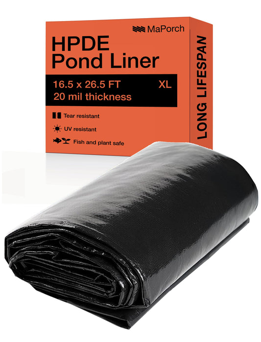 MAPORCH Pond Liner for Outdoor Ponds - Heavy Duty Koi Fish Pool Liner - 16.5 x 26.5 ft, HDPE 20 Mil - UV Resistant Waterproof Underlayment