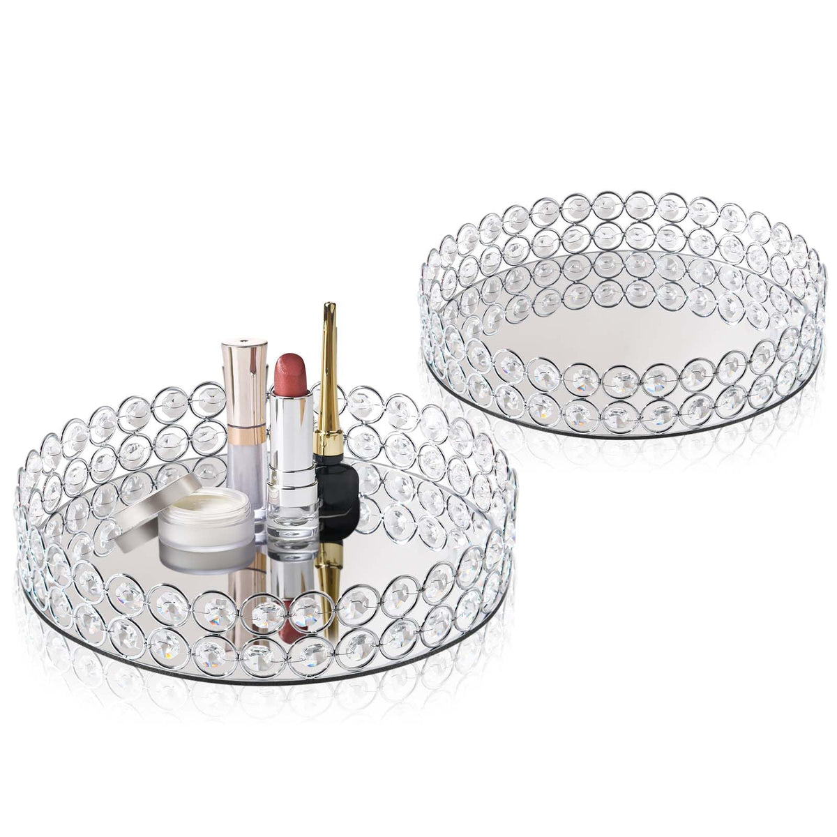 KEHAIL 2 Pcs Silver 10" Round Metal Mirror Crystal Tray – Vanity Tray for Makeup, Perfume, Jewelry & Dessert Display, Elegant Decorative Serveware, Christmas & Birthday Gift