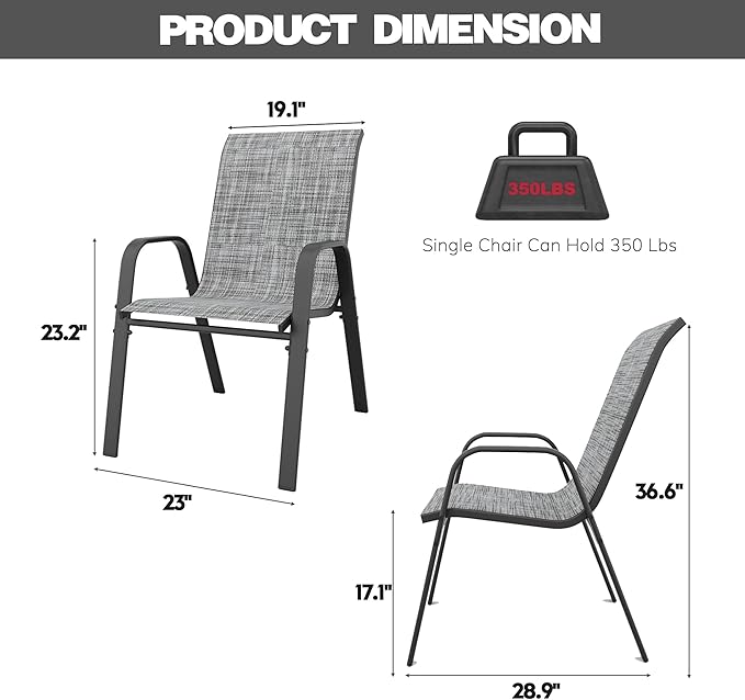 Patio Chairs Set of 4, Stackable Outdoor Dining Chairs for All Weather Textilene Fabric & Metal Frame, Outdoor Chairs Set for Backyard Deck Garden (Grey, Set of 4)