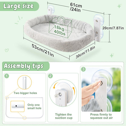 GUUSII HOME Cat Hammock Window Perch Foldable Hanging Bed Windowsill Seat Large Cats Shelf with Strong Suction Cups Kitty Lounger Reversible Cover 53 * 30cm Hold Up to 18kg Easy to Assemble(Grey)