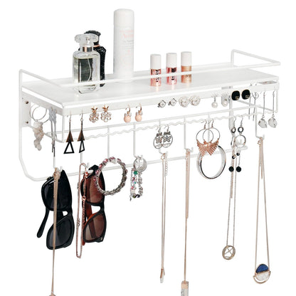 JackCubeDesign White Metal Necklace Jewelry Organizer Wall Mount Jewelry Holder Shelf Mounted Hanging Storage Hooks for Necklace, Earrings, Sunglasses, and Aesthetic Room Decor – MK238B