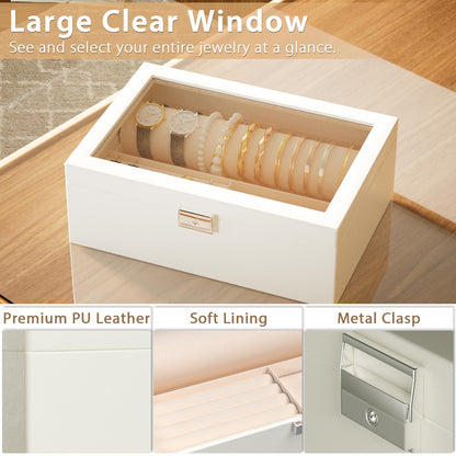 Jolensoy Jewelry Organizer Box with Clear Glass Lid, Bracelet Holder Jewelry Storage Case for Earrings, Rings, Bangles, Watches - PU Leather Jewelry Display Box Gifts for Women Girls, White