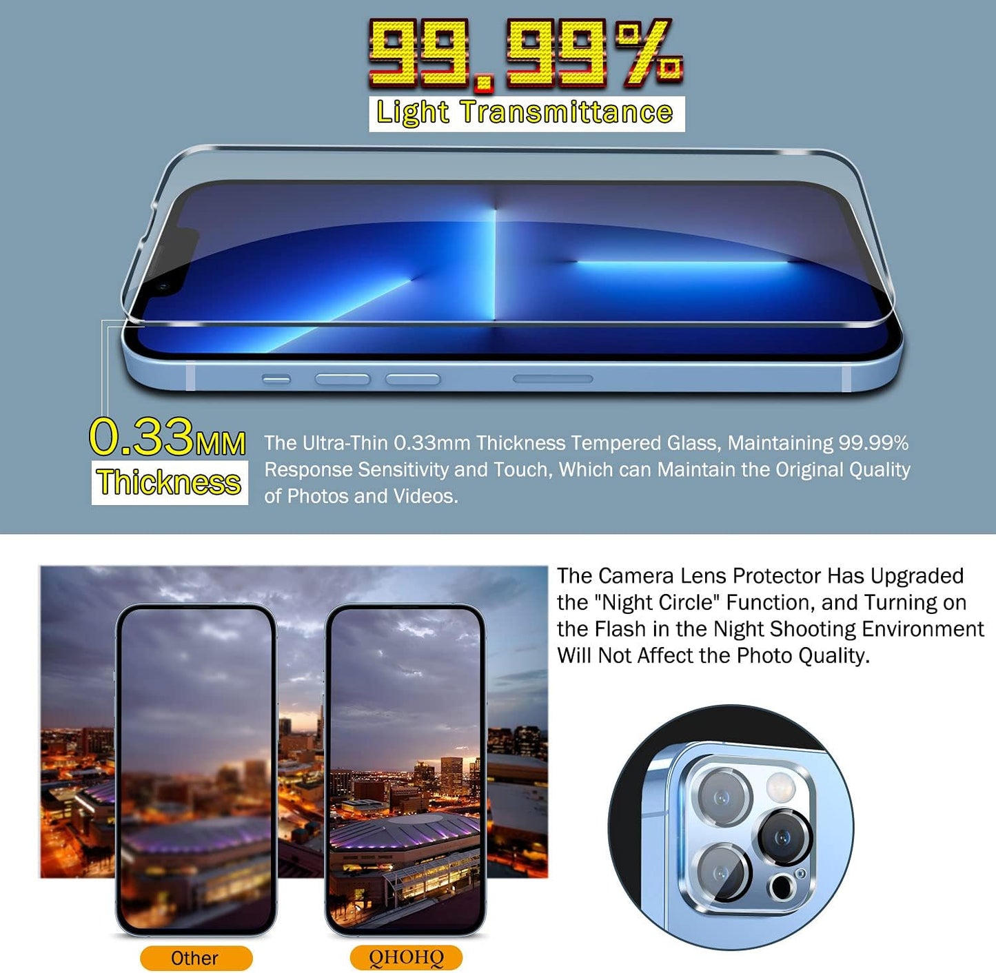 QHOHQ 3 Pack Screen Protector for iPhone 13 Pro Max 6.7" with 3 Pack Tempered Glass Camera Lens Protector, Ultra HD, 9H Hardness, Scratch Resistant, Easy Install - Case Friendly