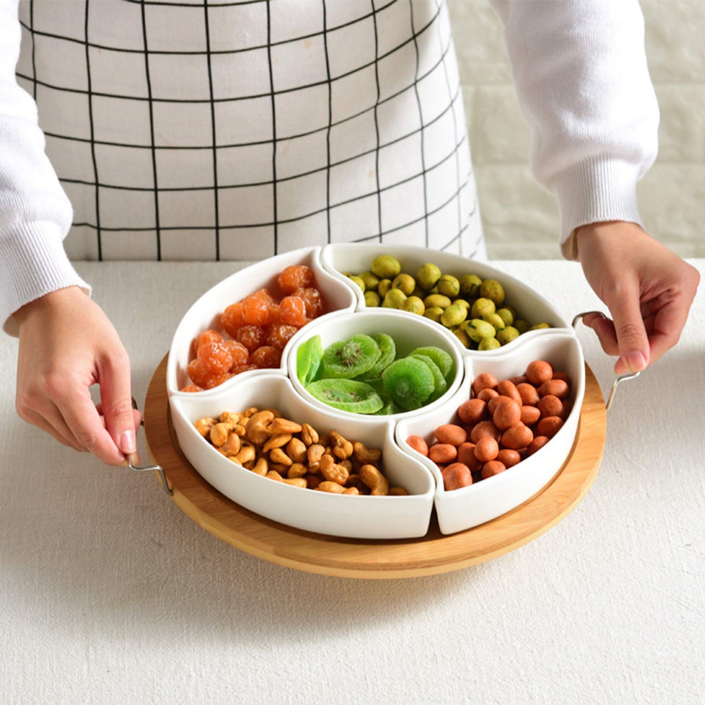 yarlung 11 Inch Ceramic Divided Serving Dishes with Bamboo Platter, Appetizer Tray 5 Removable Snacks Bowls for Candy and Nut, Chips and Dips, No Lid Included