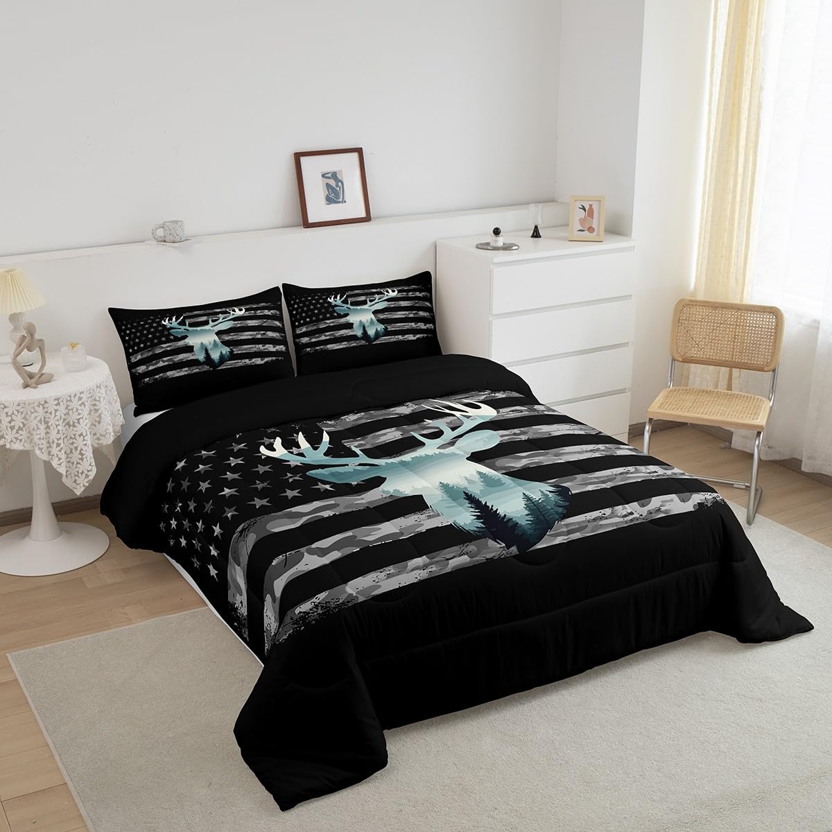 Feelyou Deer Hunting Comforter Set Full, Camo Deer Hunting Bedding Set for Kids Forest Smoky Deer Comforter American Flag Deer Duvet Set with 2 Pillow Case