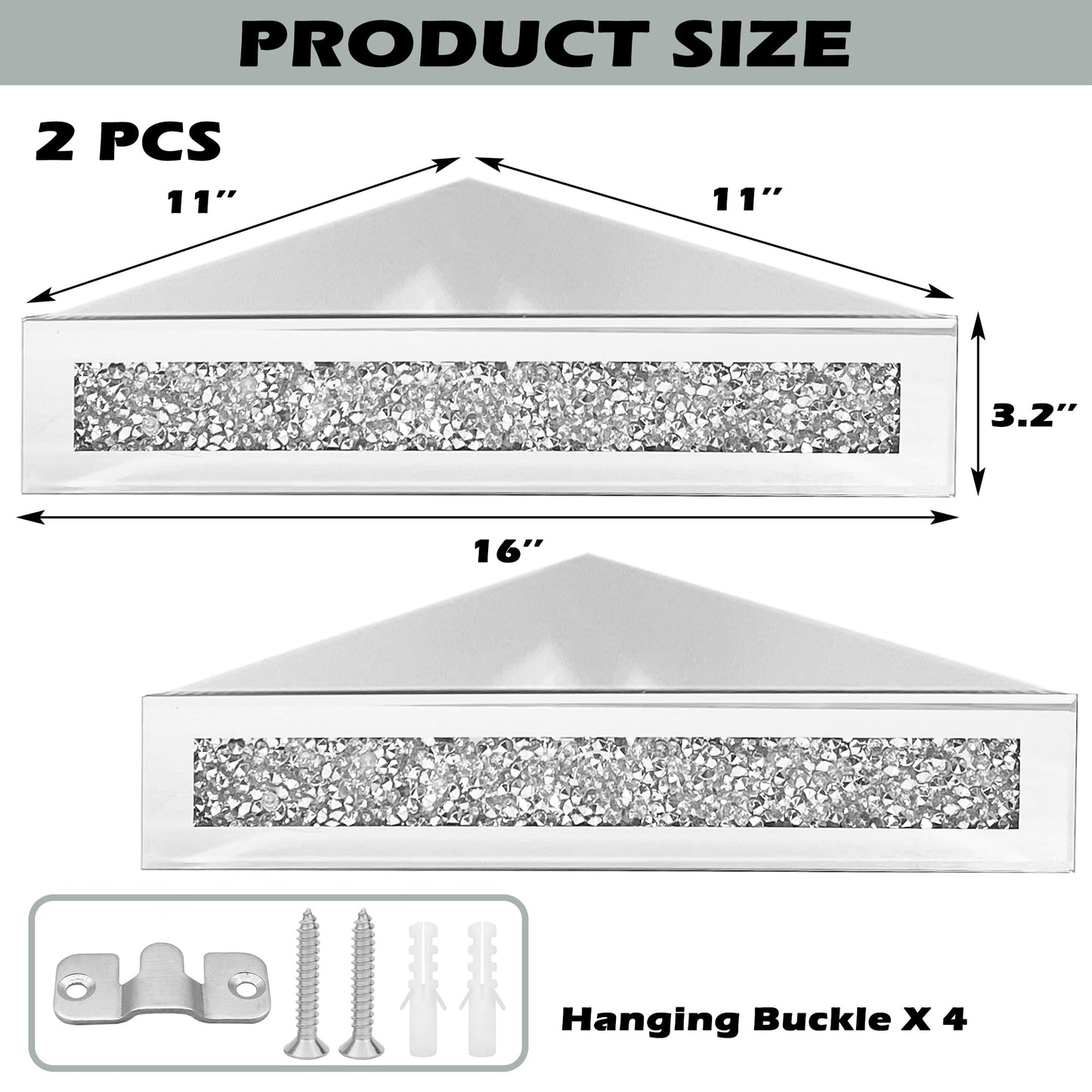 Royxen Corner Floating Shelves 2 Sets, Corner Shelf Wall Mounted Crushed Diamond, Corner Shelves Crystal Mirrored, Floating Corner Shelves for Wall