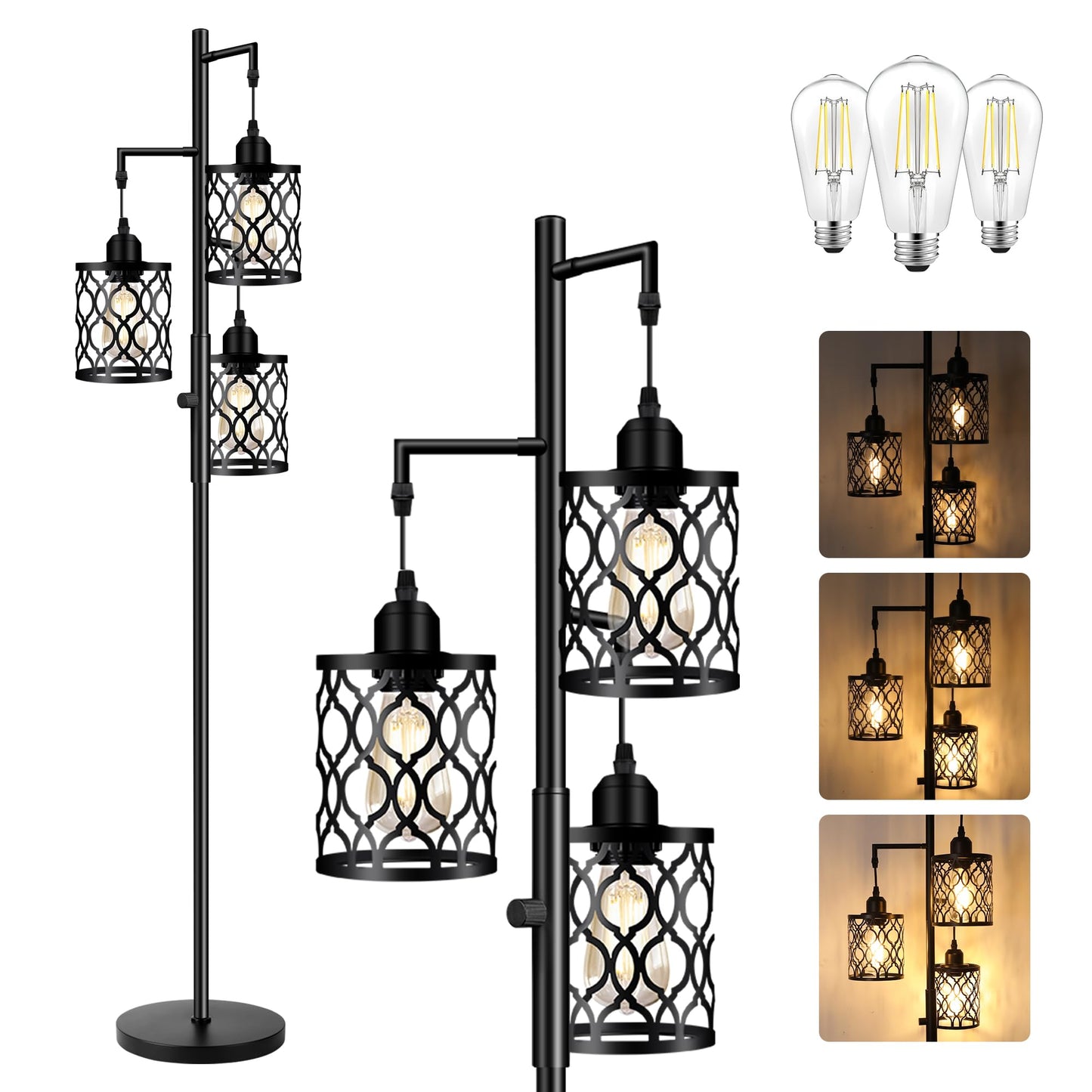 Dimmable Farmhouse Floor Lamp, Industrial Floor Lamp for Living Room with 3 X 6W LED Bulbs, 3 Light Rustic Standing Tall Lamp for Bedroom, Office, 68"
