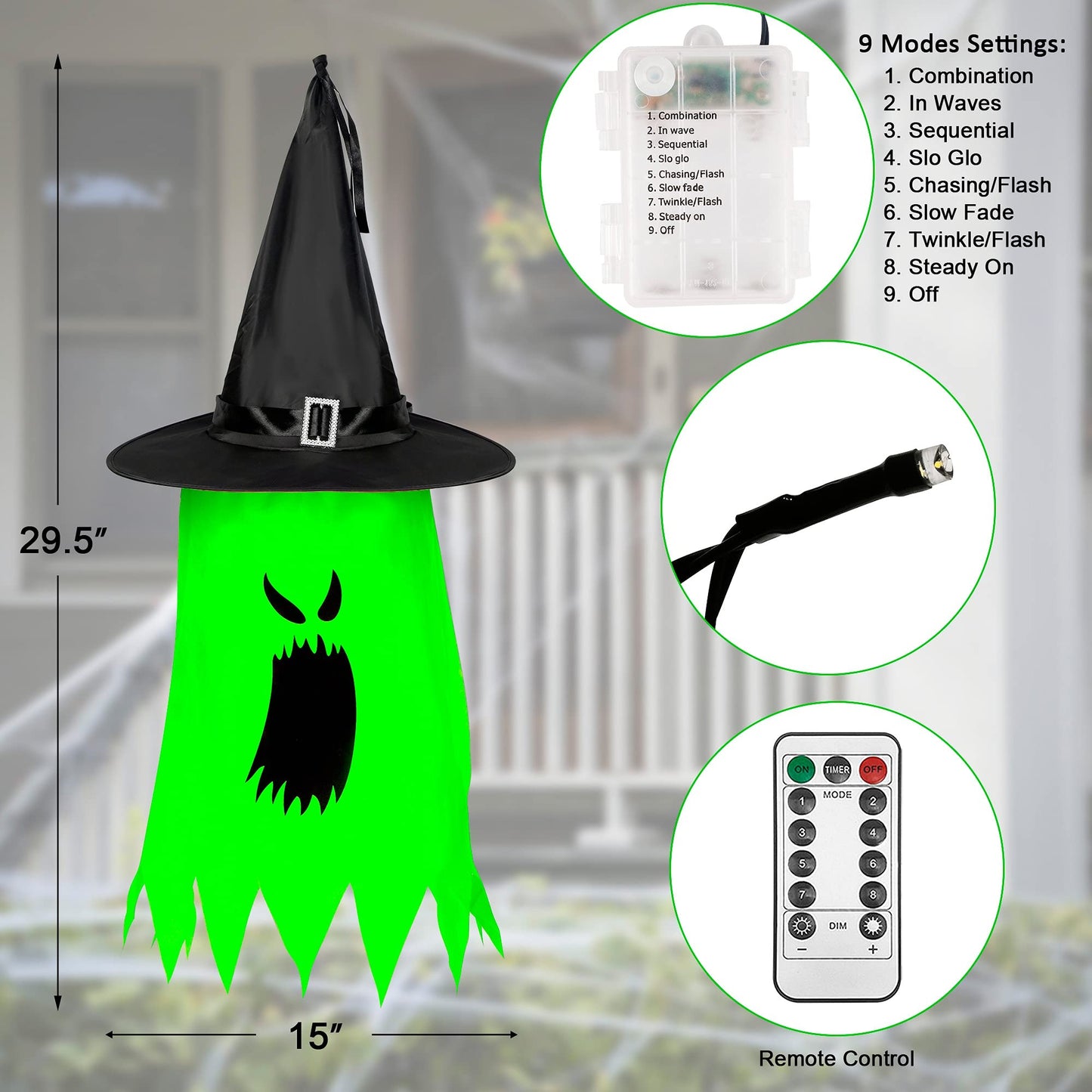 Twinkle Star Halloween 8 Pcs Lighted Hanging Witch Ghost Hats Decorations, Halloween Indoor Outdoor Remote Control String Lights 8 Lighting Modes, Glowing Witch Hat for Garden, Yard, Tree