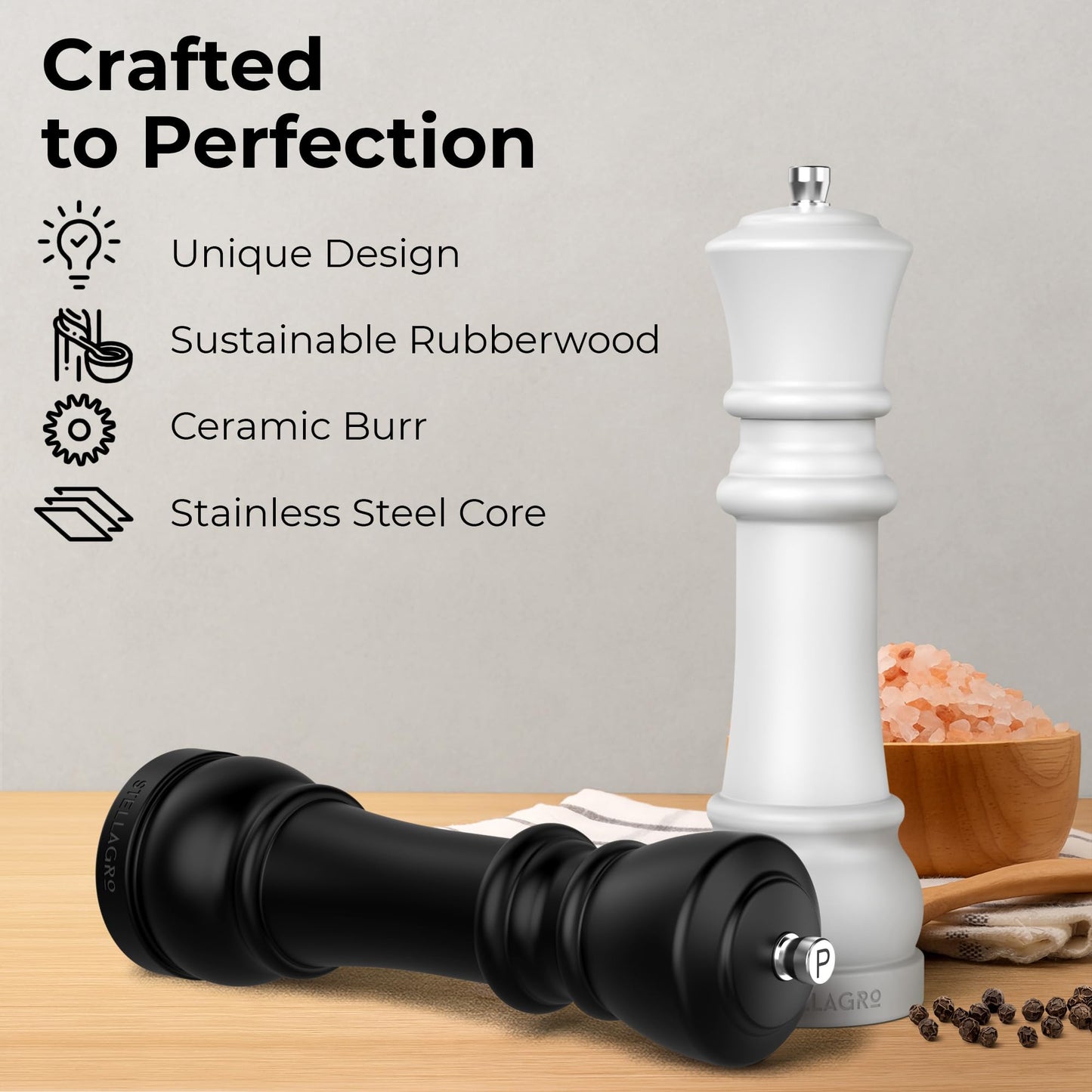 Wooden Salt and Pepper Grinder Set – Chess-Inspired Rubberwood Salt Grinder and Pepper Mill Shakers Set with Ceramic Burr in Gift Box