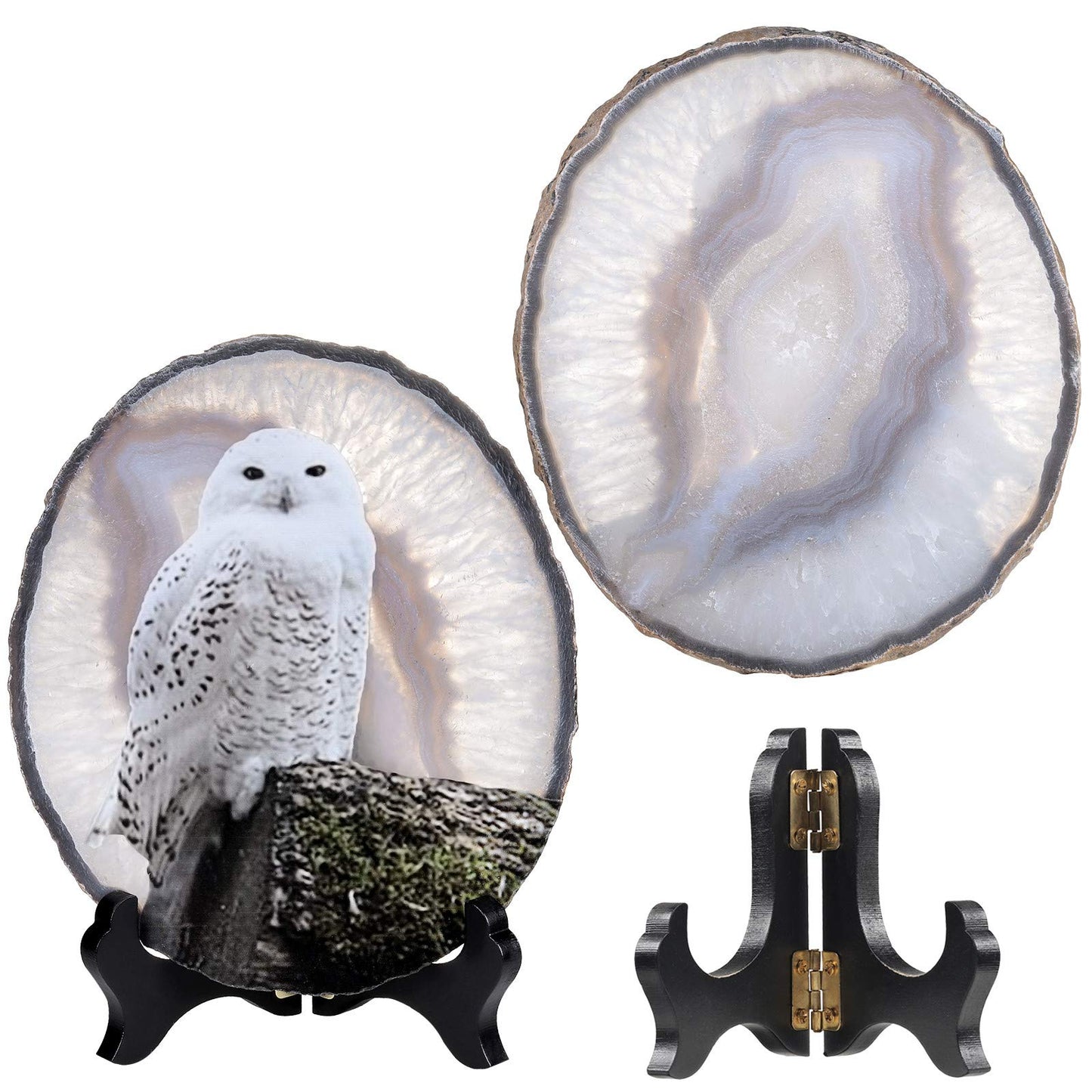 mookaitedecor Natural Agate Slice Art Print Snowy Owl Table Display with Wooden Stand, Irregular Agate Geode Stone Figurine for Office & Home Decoration