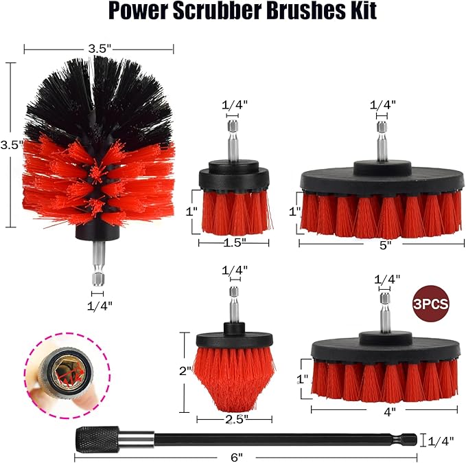 Drill Brush Attachment Set, 7 Pack 1/4in Power Scrubber Brush + Extend Long Rod