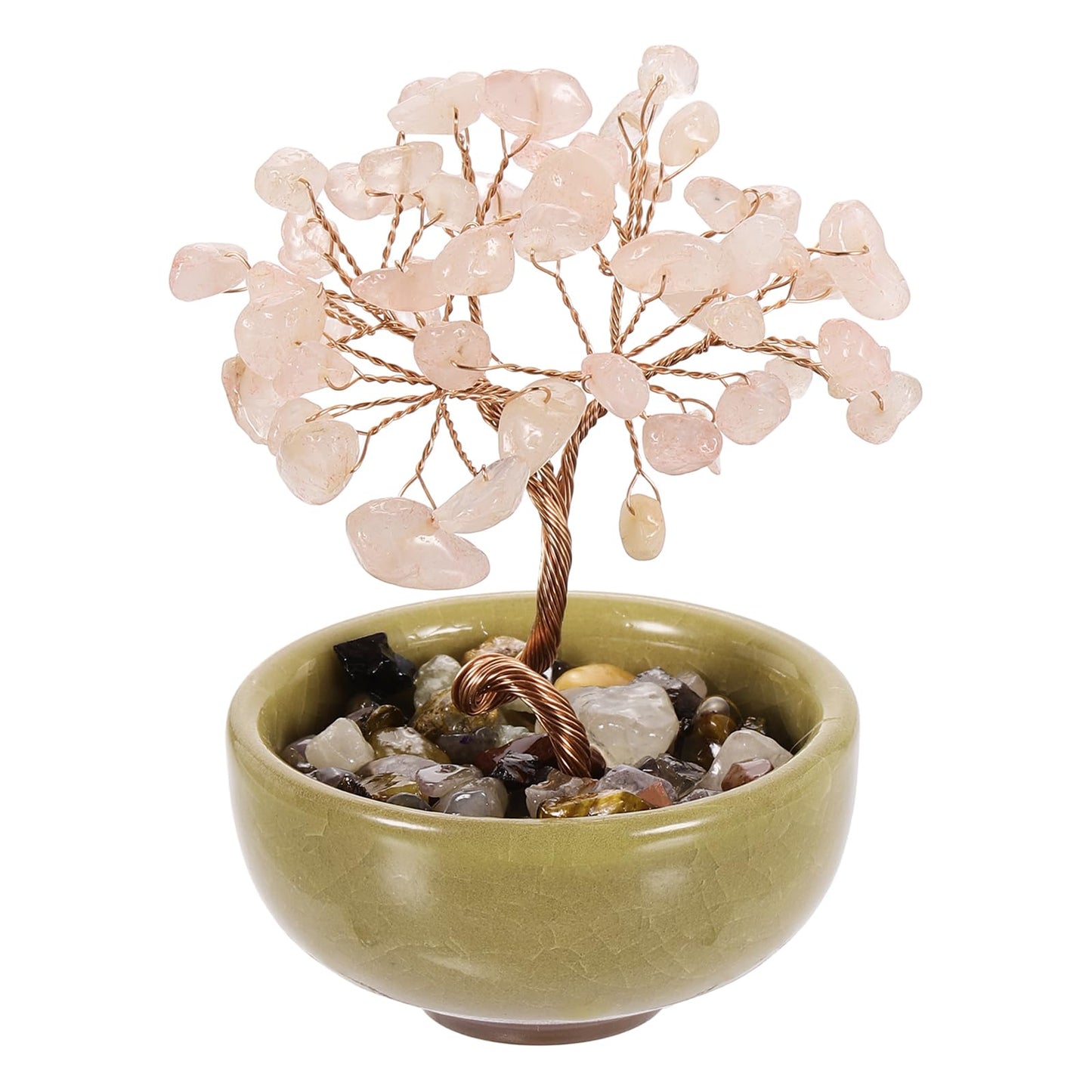 MECCANIXITY 7 Chakra Crystal Tree of Life, Natural Rose Crystal Gemstone Tree Handmade Feng Shui Bonsai with Agate Base for Positive Energy, Good Luck, Home Office Decor (4x2.4Inch Pink)