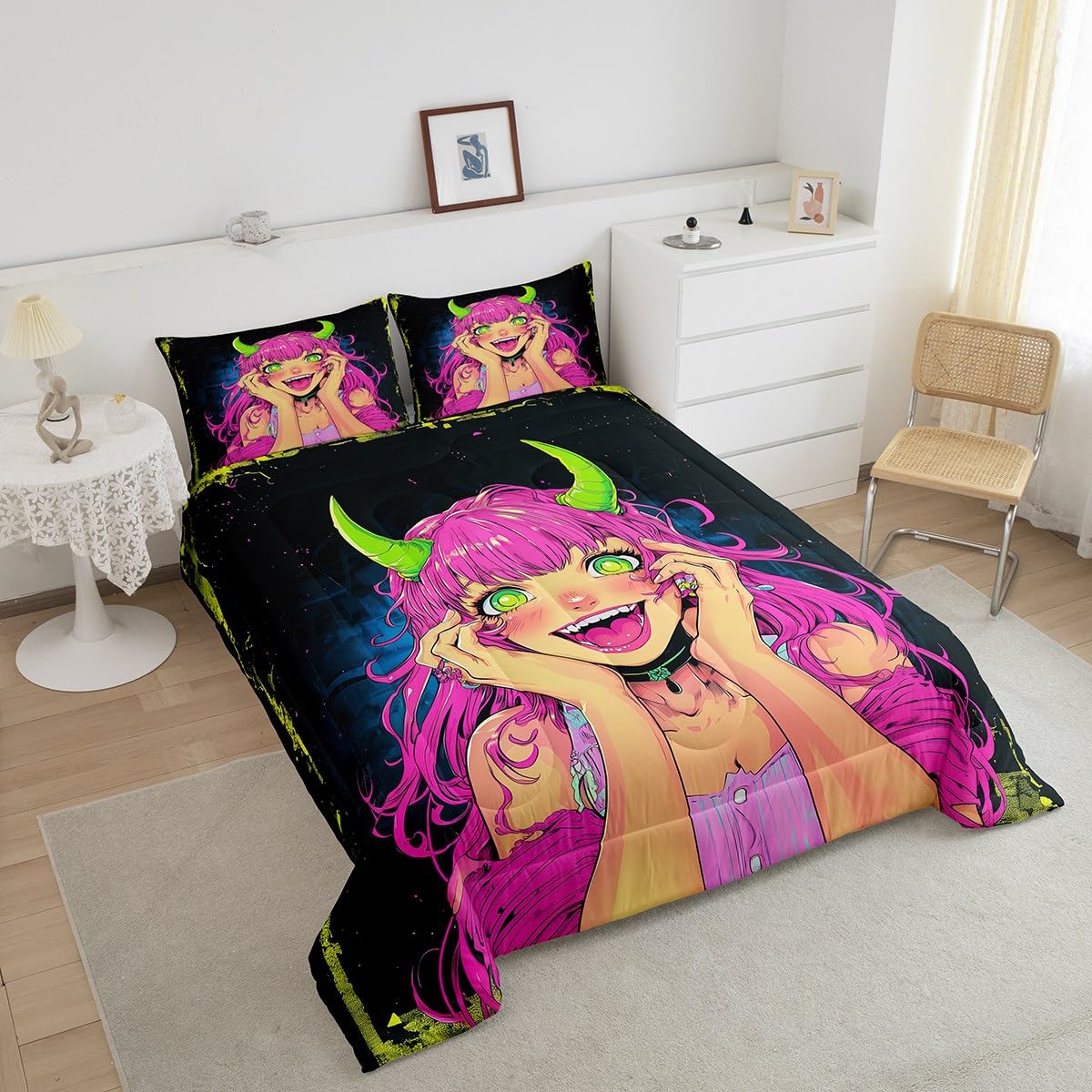 Erosebridal Anime Girl Comforter Set Full Size, Japanese Anime Bedding Set for Kids Boys Teens Bedroom Decor, Cartoon Girl Quilt Kawaii Japanese Animation Duvet Insert with 2 Pillow Cases