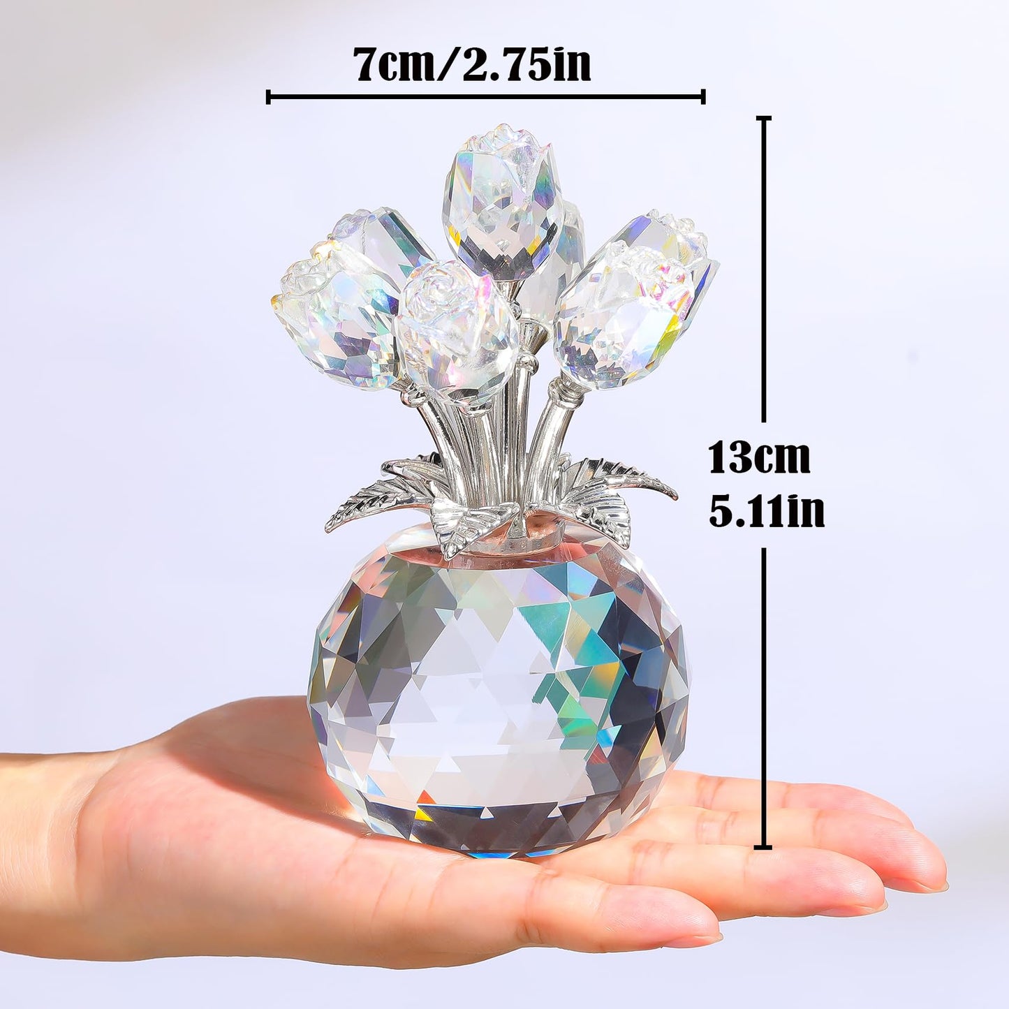 Arikyrist Crystal Clear Rose Bouquet Figurine with Round Vase, Glass Rose Flower Romantic Gifts for Women Mom on Birthday, Collectible Decoration Table Centerpiece for Home