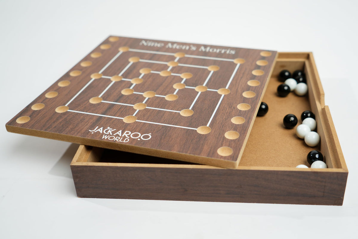 Jackaroo World Nine Mens Morris Board Game, Marble Strategy Game, Solid Wooden Game Set with 18 Marbles, 2 Player Games, Ancient Board Games, 9 Mens Morris Game Mill, Marble Board Game Wooden (Walnut)