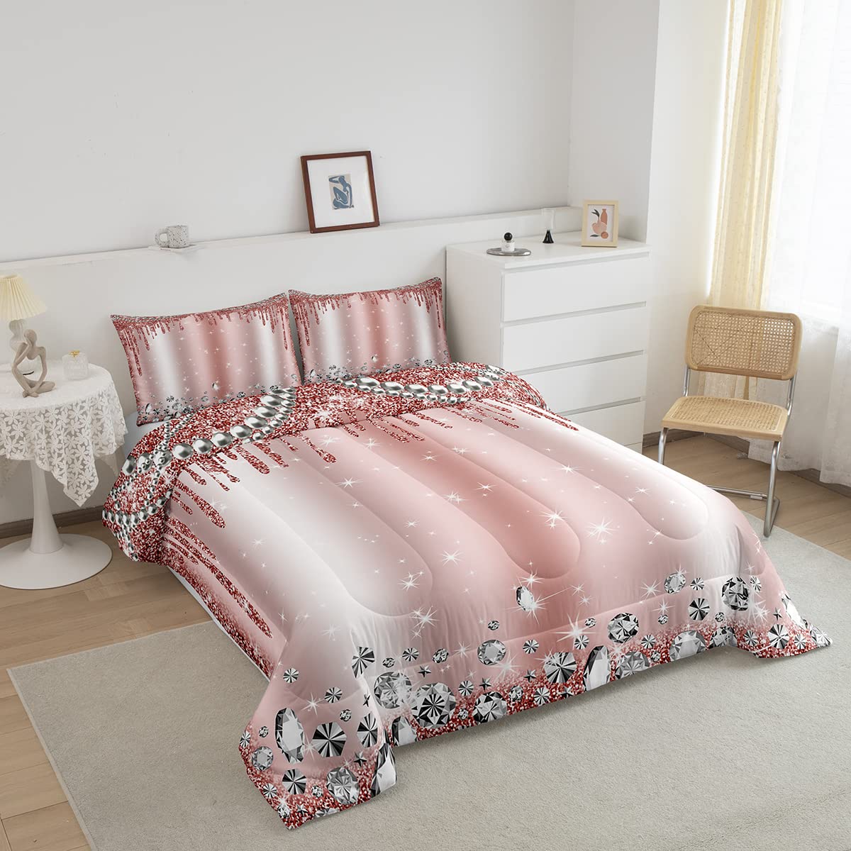 Pink Glitter Bedding Set Queen Women Girls Diamond Jewelry Pearls Comforter Set 3pcs Kids Teens Starry Galaxy Quilted Duvet for Modern Room Decor Fantasy Sparkling Bedspread,2 Pillowcases