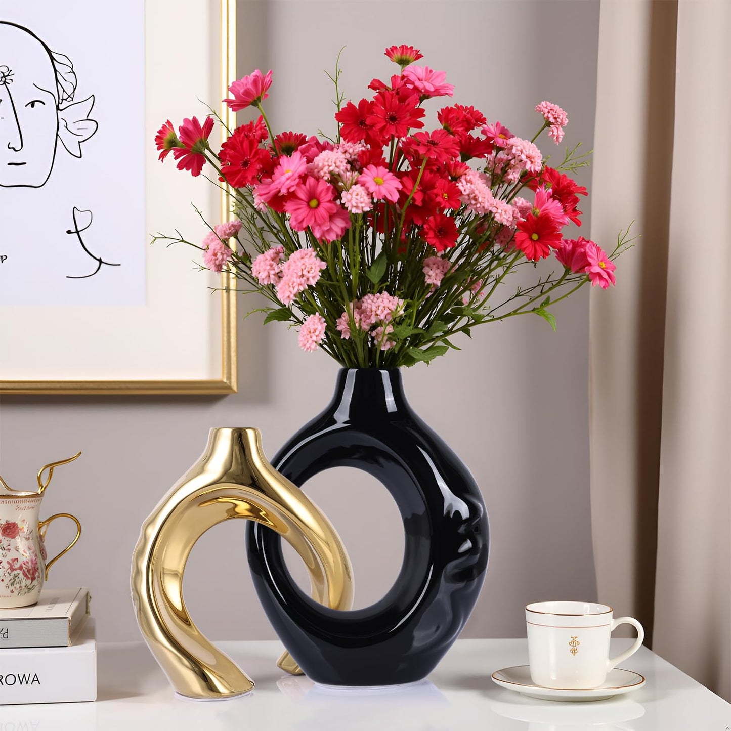 LCCCK Boho Black and Gold Ceramic Vases for Home Decor - Small Hollow Donut Vases for Living Room Table Wedding Centerpiece