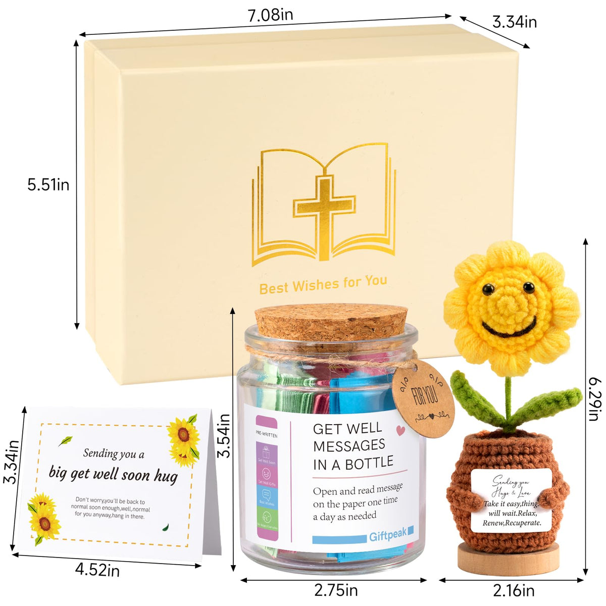 Bible Verse Jar,Christian Gifts Set, Get well Gifts with Scripture Messages, Knitted Sunflower, Greeting Card & Gift Box, Inspirational Religious Get well & Encouragement Gift for Women Men