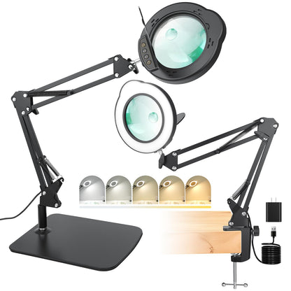15X 30X Magnifying Glass with Light and Stand, LED Desk Lamp with Base and Clamp, 5 Color Mode, 10 Dimmable Levels, Hands-Free Magnifying Glasses for Close Work, Reading, Crafts, Jewelry