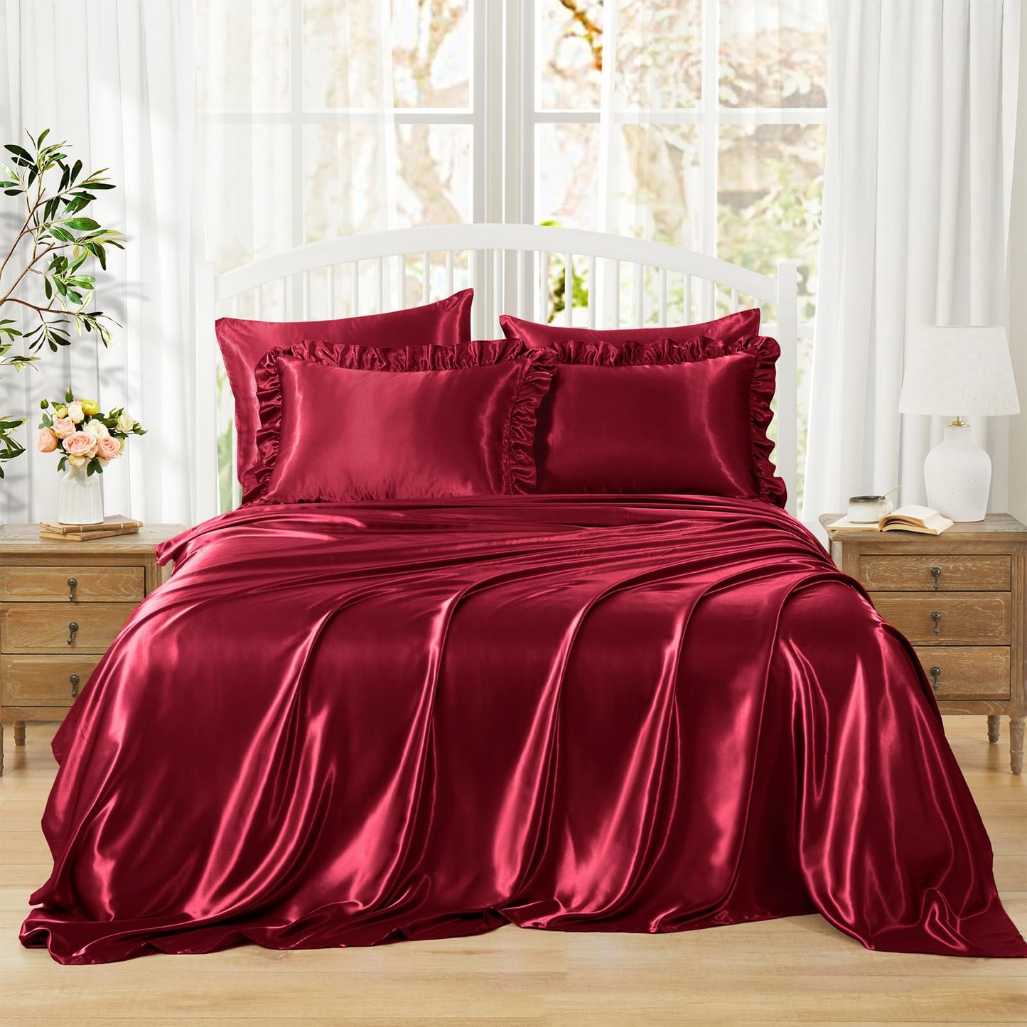 Homiest Ruffled Satin Sheets Full Size 6pc Set - Burgundy Bed Sheet Set with 15 Inch Deep Pocket Fitted Sheet, 1 Flat Sheet, 2 Ruffled Pillow Shams & 2 Pillowcases, Similar to Silk Sheets