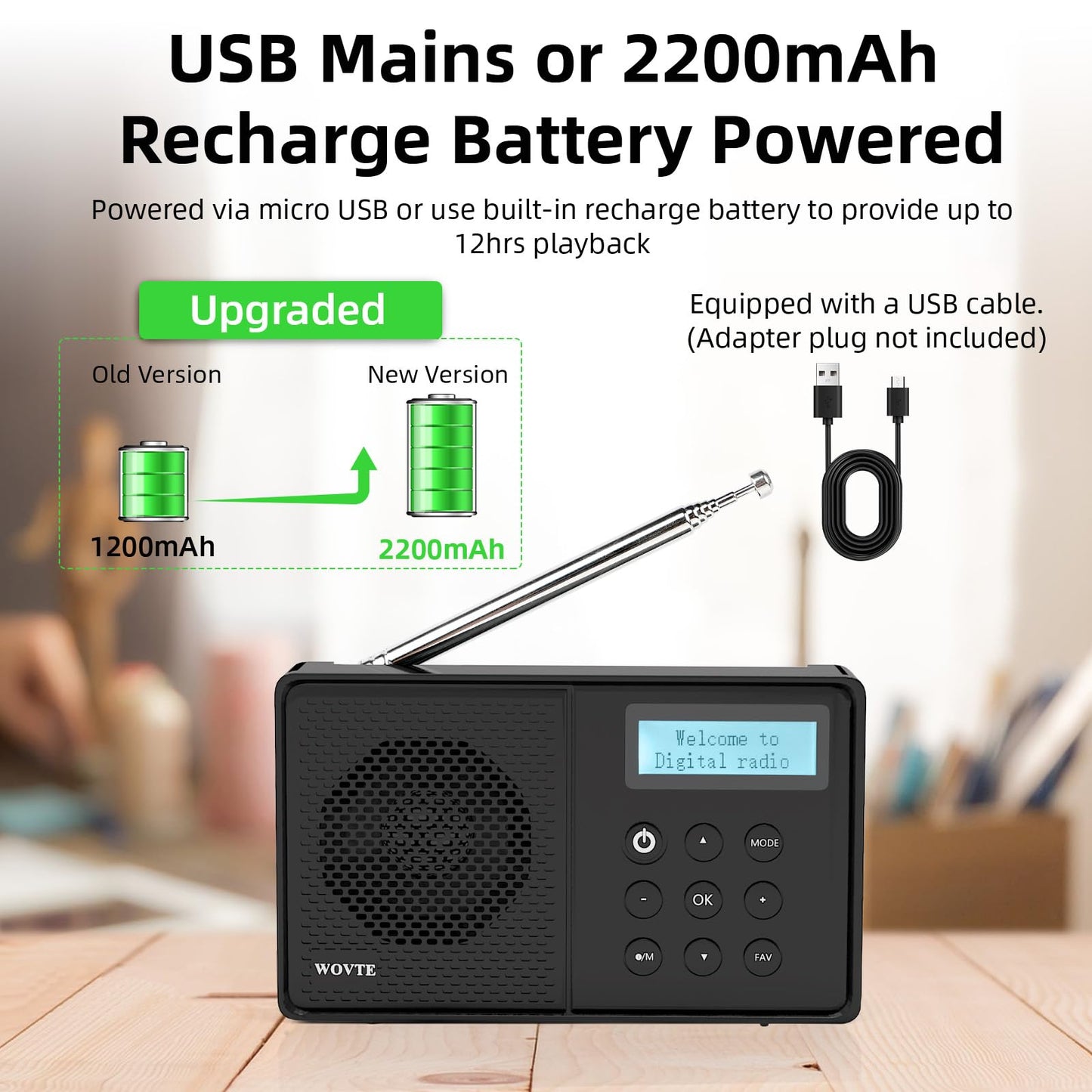 WOVTE DAB+ Digital Radio - Portable, Rechargeable & Mains Powered with Bluetooth, 40 Presets, LED Display, Alarm Clock, Sleep Timer & Headphone Socket