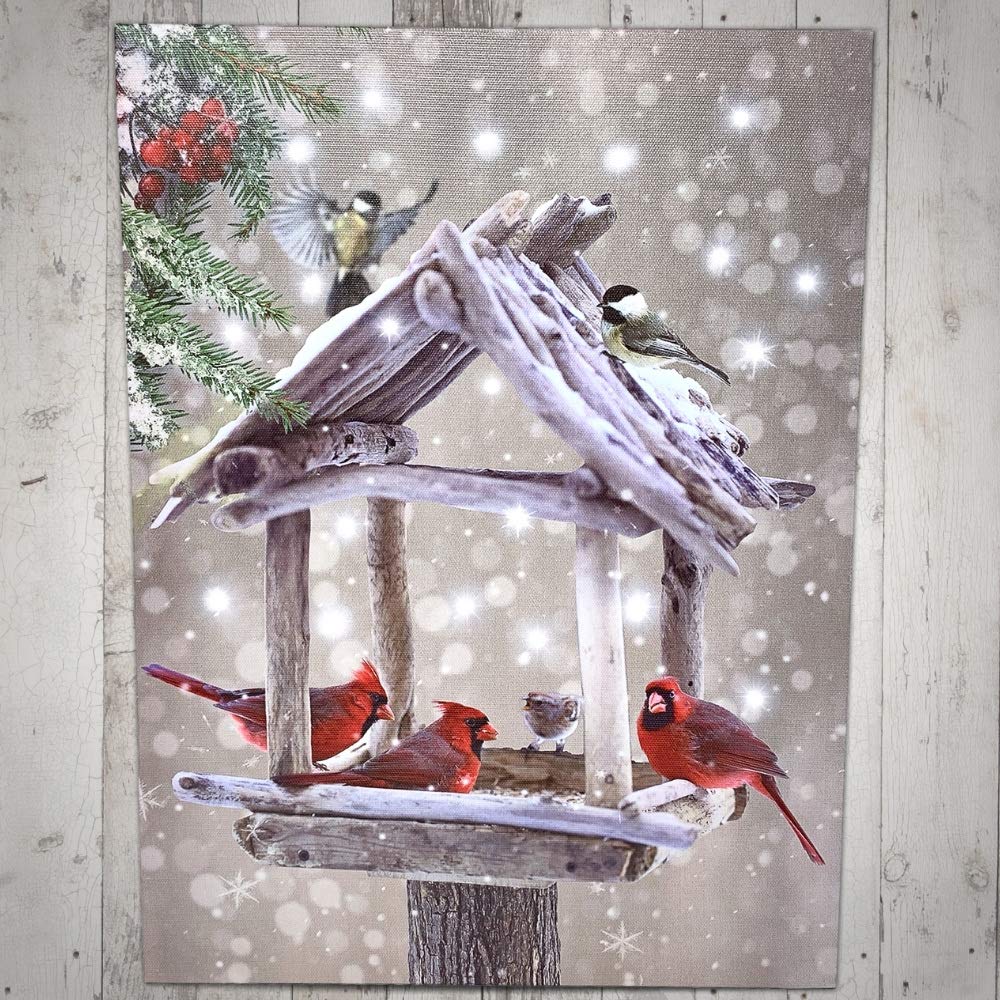 BANBERRY DESIGNS Lighted Cardinals Canvas Print with Rustic Bird Feeder - Berries Snowy LED Winter Scene - 20 Fiber Optic Lights - Wall Art - Measures 15.75" x 11.75"