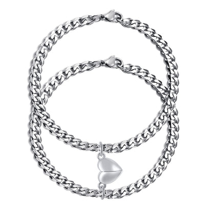 TempBeau 2pcs/Set Couple Bracelet, Relationship Matching Bracelet for Men Women, Stainless Steel Cuban/Figaro Chain BFF Promise Bracelet, Gifts for BF GF Him Her