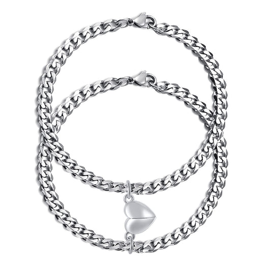 TempBeau 2pcs/Set Couple Bracelet, Relationship Matching Bracelet for Men Women, Stainless Steel Cuban/Figaro Chain BFF Promise Bracelet, Gifts for BF GF Him Her