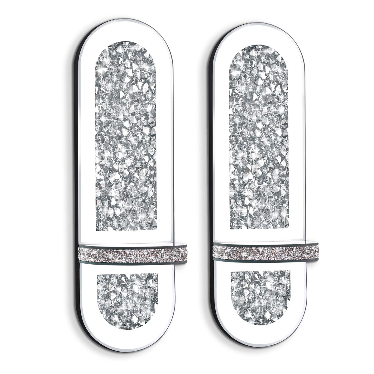 Crystal Crushed Diamond Mirrored Candle Sconces Set of 2, Glam Silver Wall Candle Holders for Living Room Bedroom Hallway Decor Large Wall Mounted Mirror Candle Holder with Sparkly Crystal Shelf