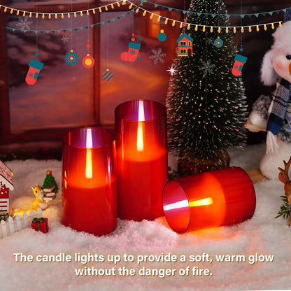 kakoya Flameless Candles Upgraded Realistic Flickering Flame,Battery Operated LED Candles with Remote Timers,Acrylic Electric Candles Set of 3(D 3" xH 4" 5" 6")（Red）
