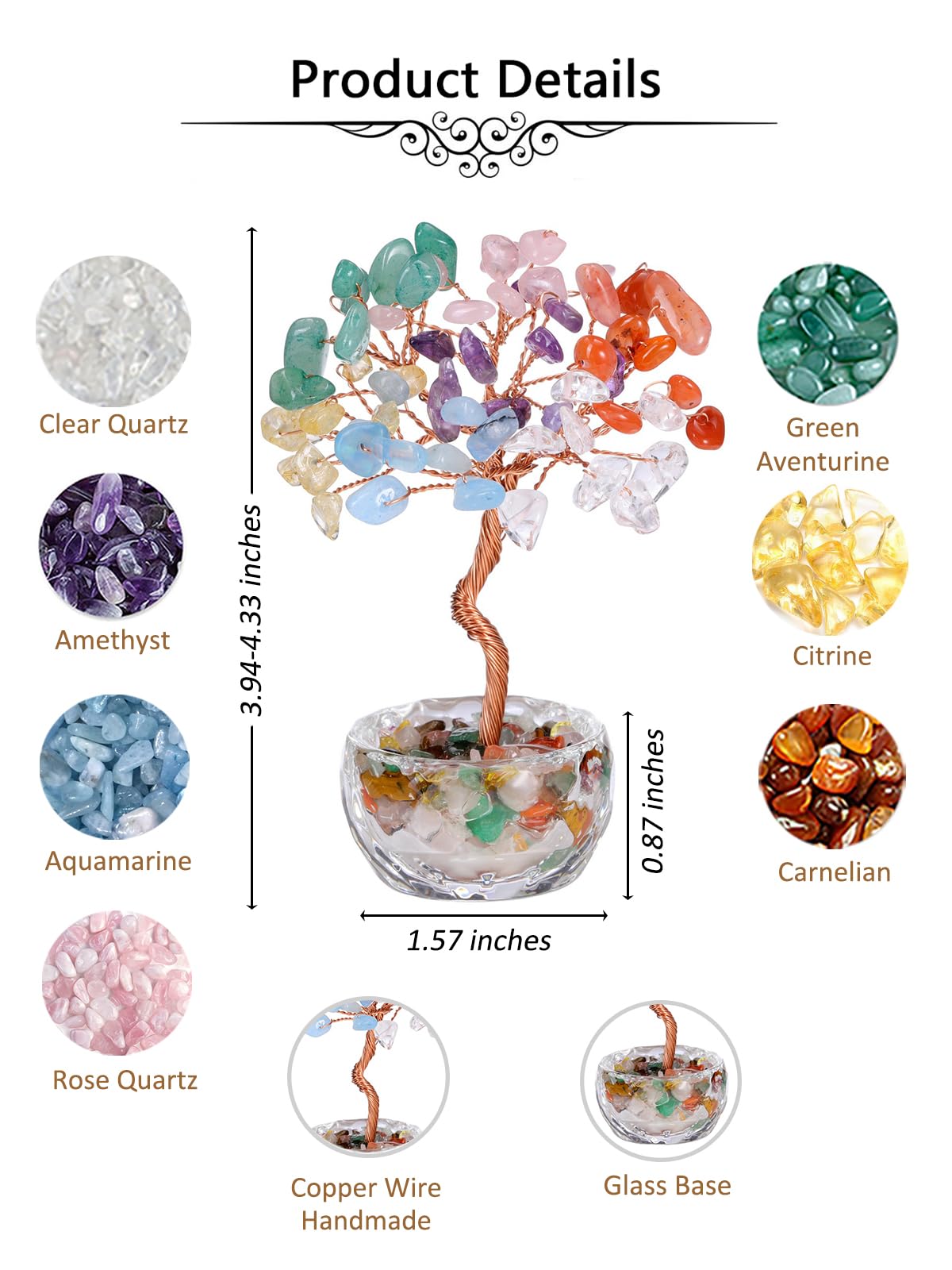 Jovivi Small 7 Chakra Crystals Tree, Natural Crystal Healing Stones Tree Glass Bowl Base Gemstone Money Trees Feng Shui Good Luck Home Desk Decor