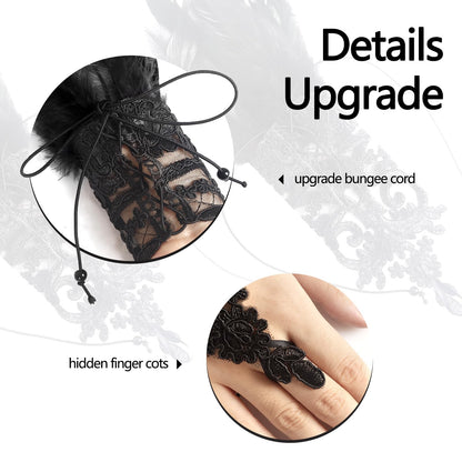UQJE 2 Pcs Women's Black Feather Gloves Gothic Lace Long Gloves Cuff Witch Angel Costume Accessories for Wedding Halloween Party