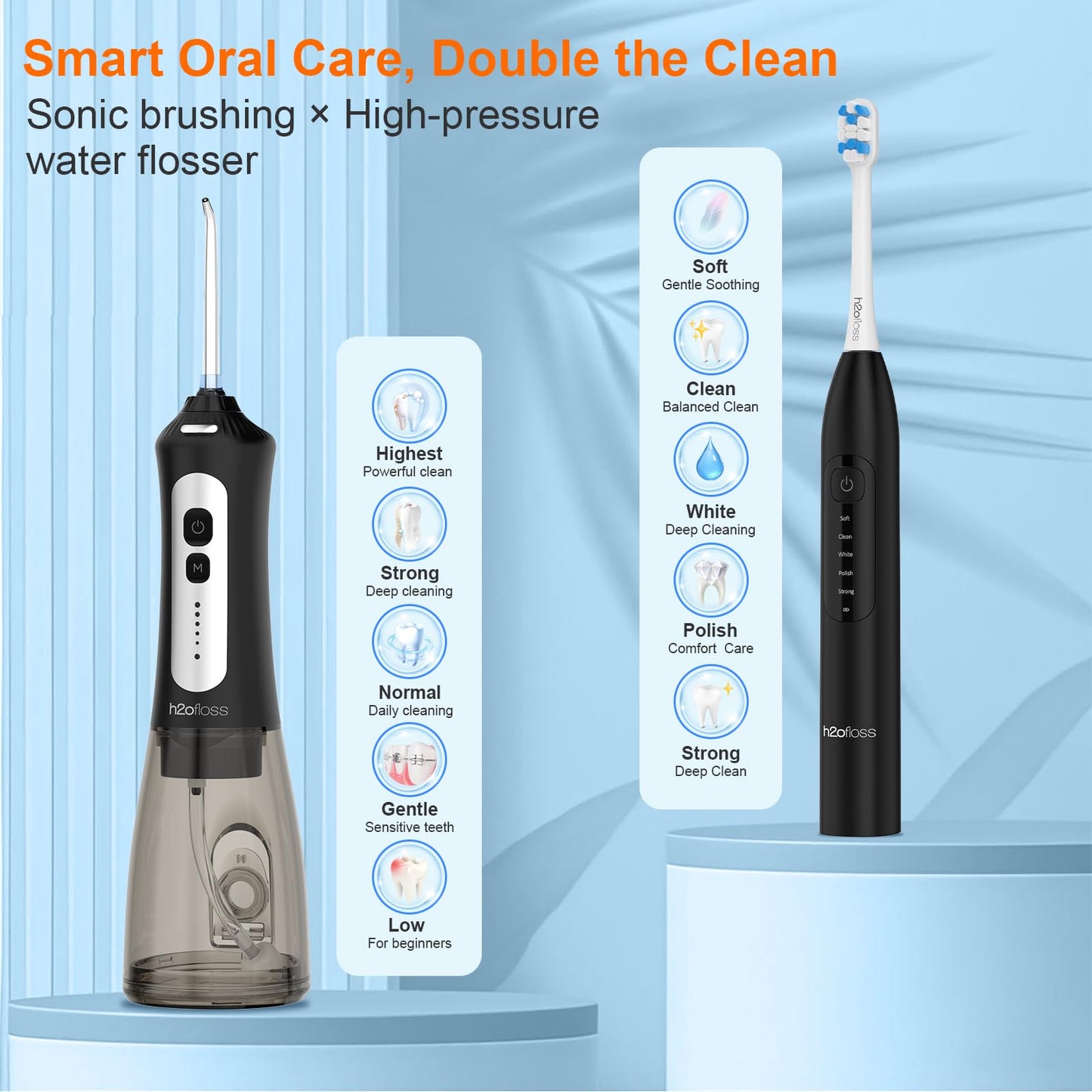 H2ofloss Sonic Electric Toothbrush and Water Flosser Combo, Rechargeable 2000mAh Toothbrush and 2500mAh Oral Irrigator with 300ml Tank, 4 Brush Heads, 5 Nozzles, 2 in 1 for Home and Travel (Black)