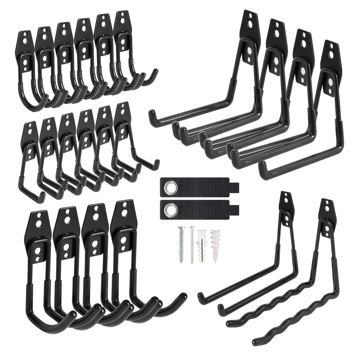 24 Packs Garage Storage Hooks, Heavy Duty Garage Hooks with Nylon Straps, Wall Mount Tool Organizer Hooks for Ladders, Bikes, Tools, Hoses, Suitable for Concrete, Brick, Wooden, Plaster Walls