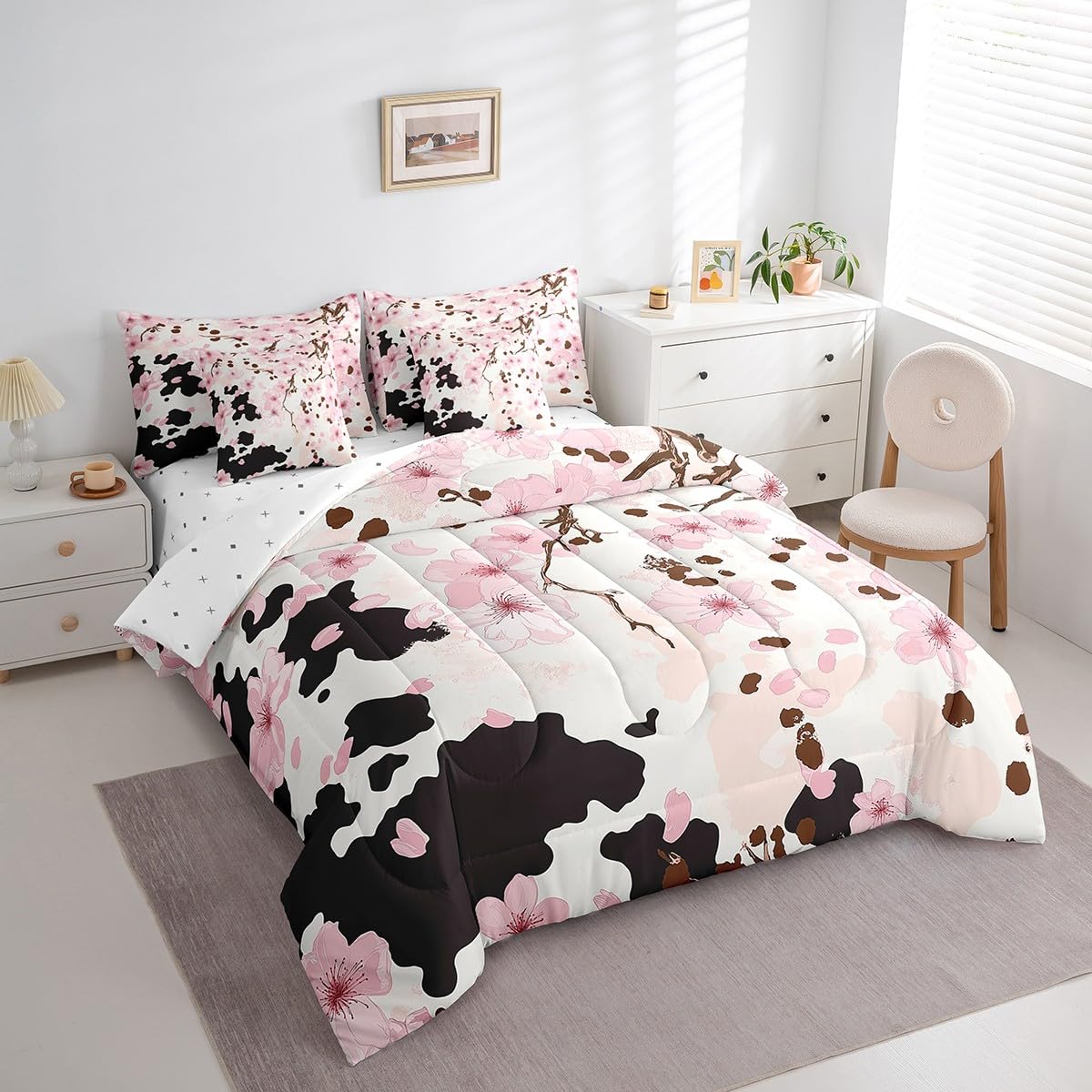 Erosebridal Pastel Pink Cherry Blossom Full Size Bed Sheets and Comforter Set,Western Cowhide 7 Piece Bedding Set Rustic Flowers Bed in a Bag,Farm Animals Skin Cow Print Bed Sets