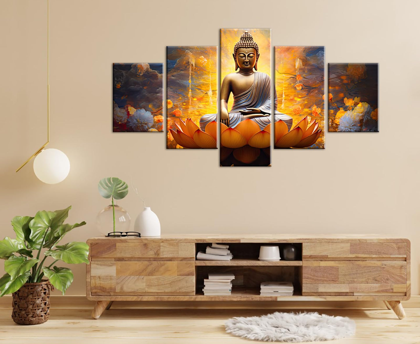 DJSYLIFE Gold Buddha Wall Art for Living Room Large 5 Piece Zen Photo Picture HD Canvas Print Paintings for Yoga Room Home Decor Modern Artwork Framed Ready to Hang Decorations (60" W x 32" H)