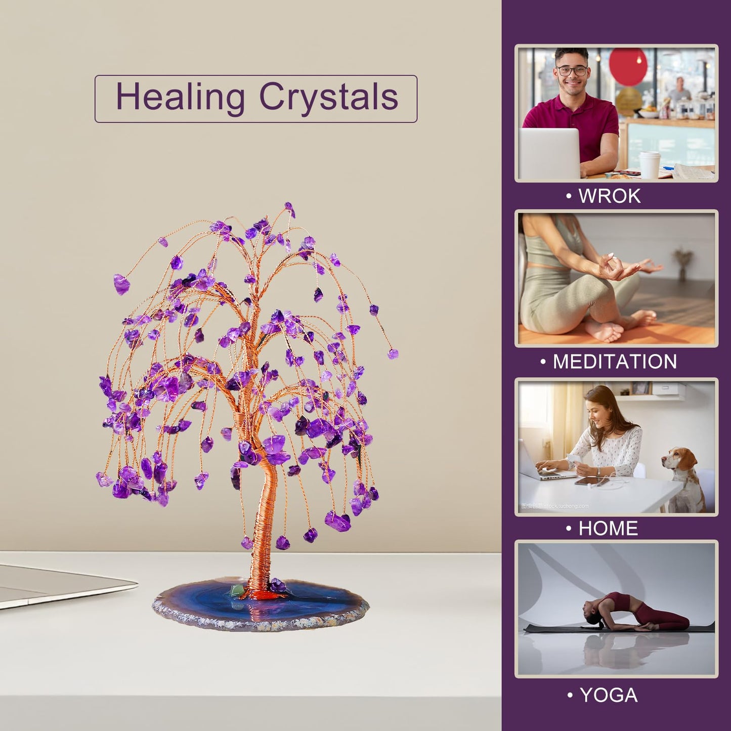 Runyangshi Natural Amethyst Crystal Tree of Life Handmade with Copper Wire - 7-8" Healing Crystals Gemstone Willow Tree Geode Agate Slices Base for Home Decor, Feng Shui Gifts, Office Desk Ornament