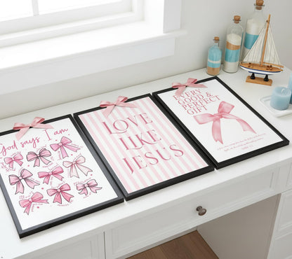 3Pcs Pink Bow Canvas Wall Art, Coquette Preppy Painting Pictures Wall Decor, Christian Inspirational Bible Posters Print Artwork for Girls Dorm Room, Apartment, Home Decoration 16x24 Unframed