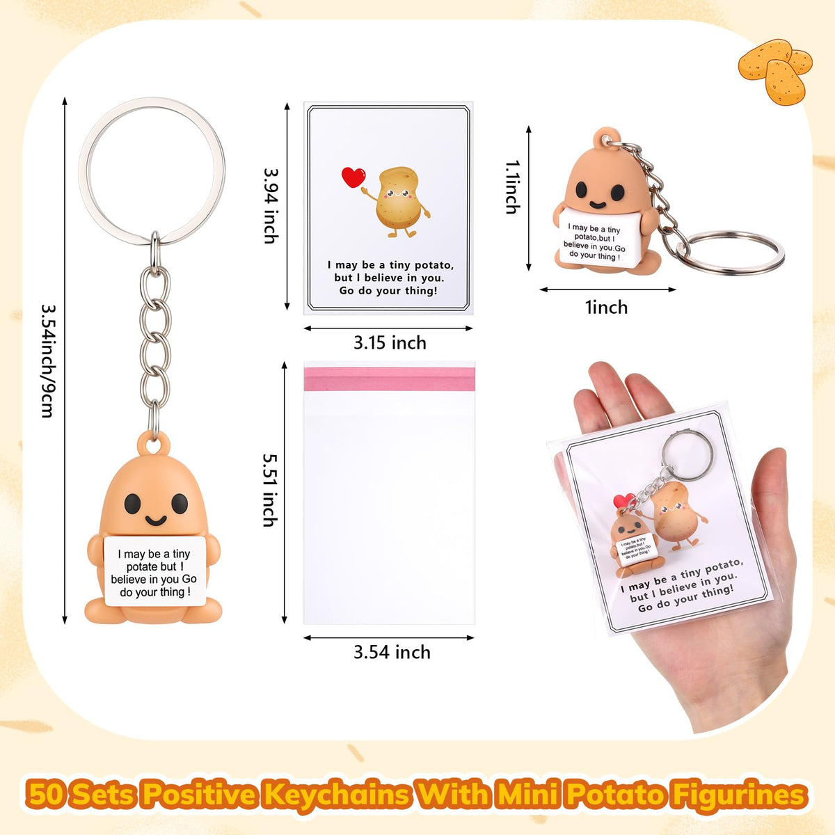 Gejoy 150 Pcs Positive Potato Keychain Gift Set Include 50 Mini Rubber Potato Keychains 50 Motivational Card 50 Bags Motivational Emotional Gifts for Employee Coworker Staff Teacher Team Friends