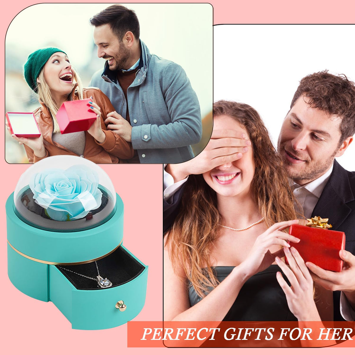 Preserved Handmade Rose Box with Four Leaf Clover Necklace, Jewelry Boxes Poetry Roses Gifts for Women Her Mom Wife Girlfriend on Valentines,Mother's Day with ''To My Love'' Card (Romantic Red)