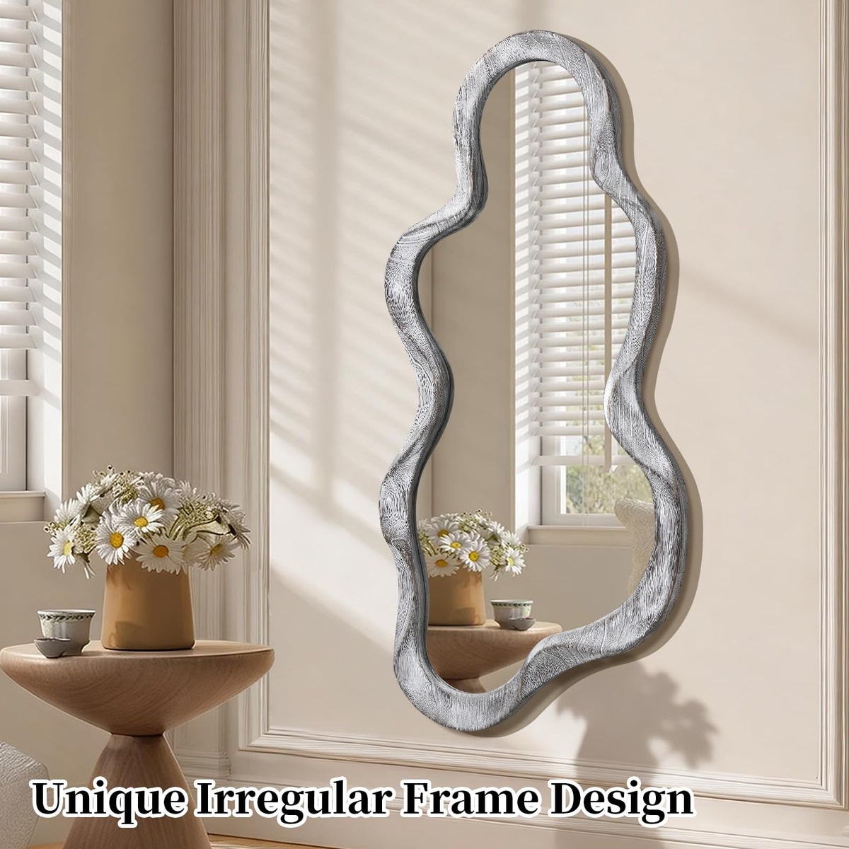 Lzuso Irregular Wooden Framed Wall Mirror Modern Asymmetrical Unique Hanging Mirror Artistic Unique Cloud Shape Wall Decor Bathroom Vanity Bedroom Living Room Entryway Hallway Large 47" x 22"