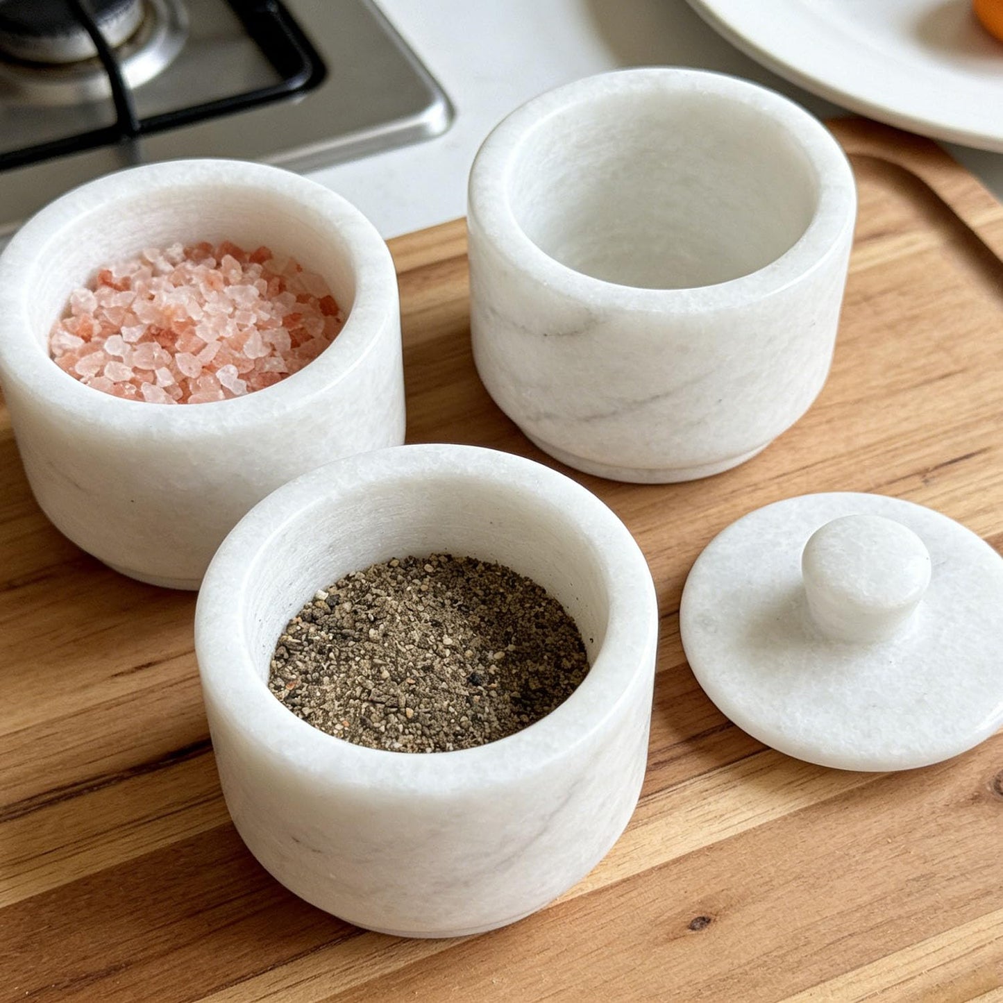 Aturalux Marble Salt Cellar with Lid & Spoon White, 3-Inch Salt Jar, Kitchen Container for Spice, Marble Storage Box, Spice Jar for Counter, Easy Refill Cleaning