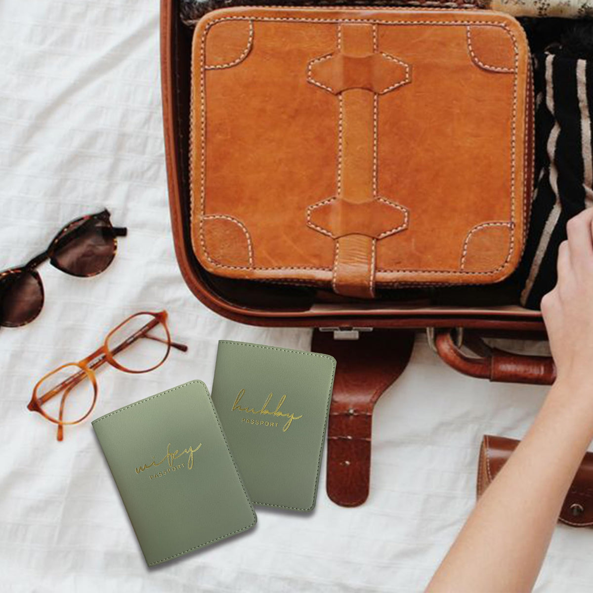 Mr&Mrs Gifts Matching Passport Covers for Mr and Mrs, Husband and Wife Gifts Passport Holders, Engagement Gifts for Couples, Honeymoon Travel Essentials Gift for Newlyweds(HW Sage Green)