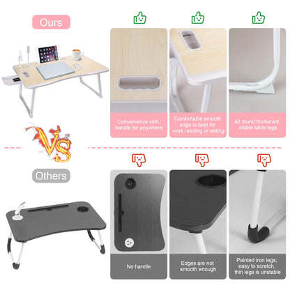 Laptop Bed Table, Laptop Desk for Bed, Foldable Laptop Bed Desk with USB Charge Port, Handle, Desktop Card Slot, Cup Slot, Side Drawer, Laptop Table Portable Notebook Stand for Eating Reading Working