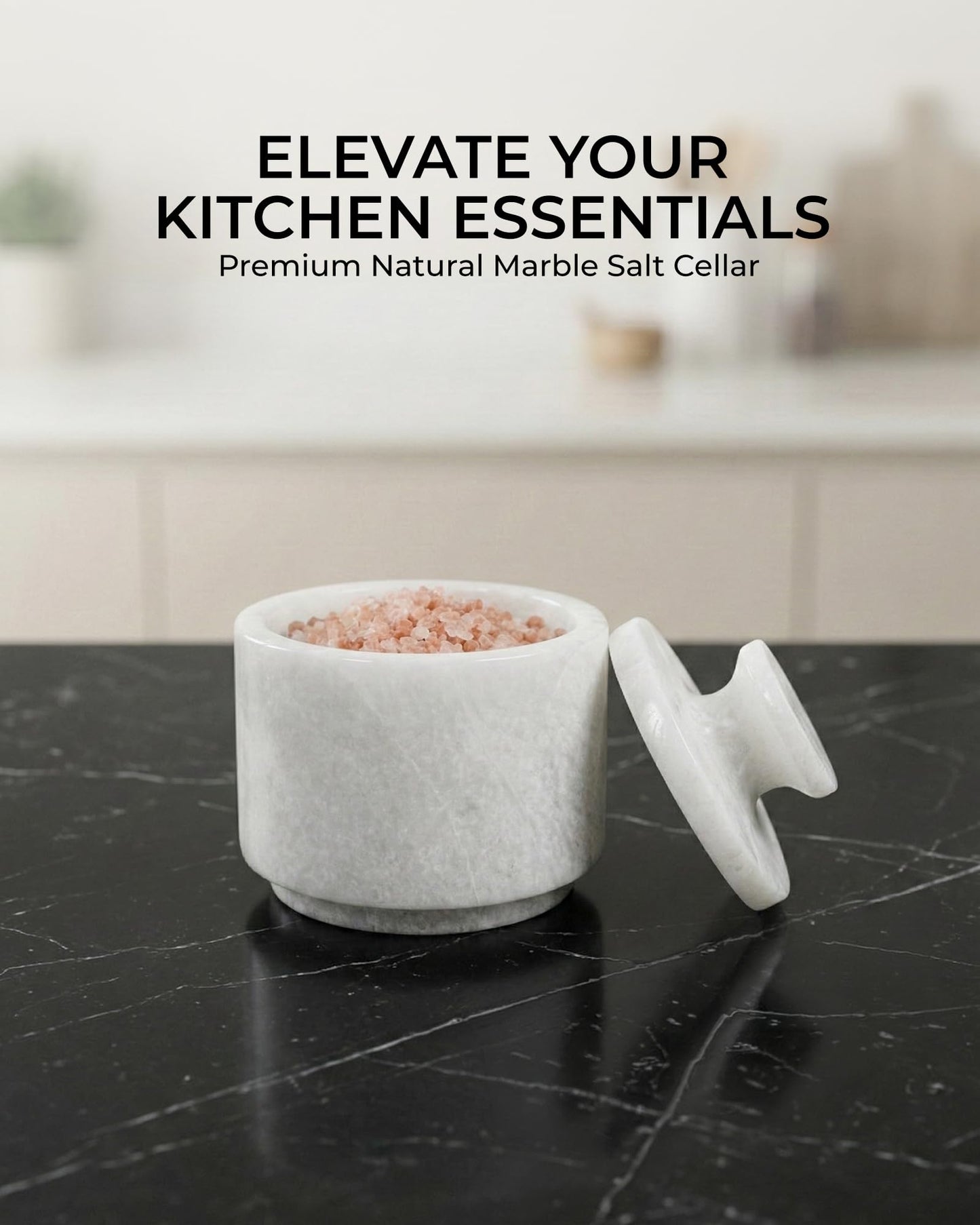 UrbanFocal Natural Marble Salt Cellar With Lid - Stone Salt Container And Stone Salt Holder, Spice Jars for Counter, Candy Jar & Spice Jar, White