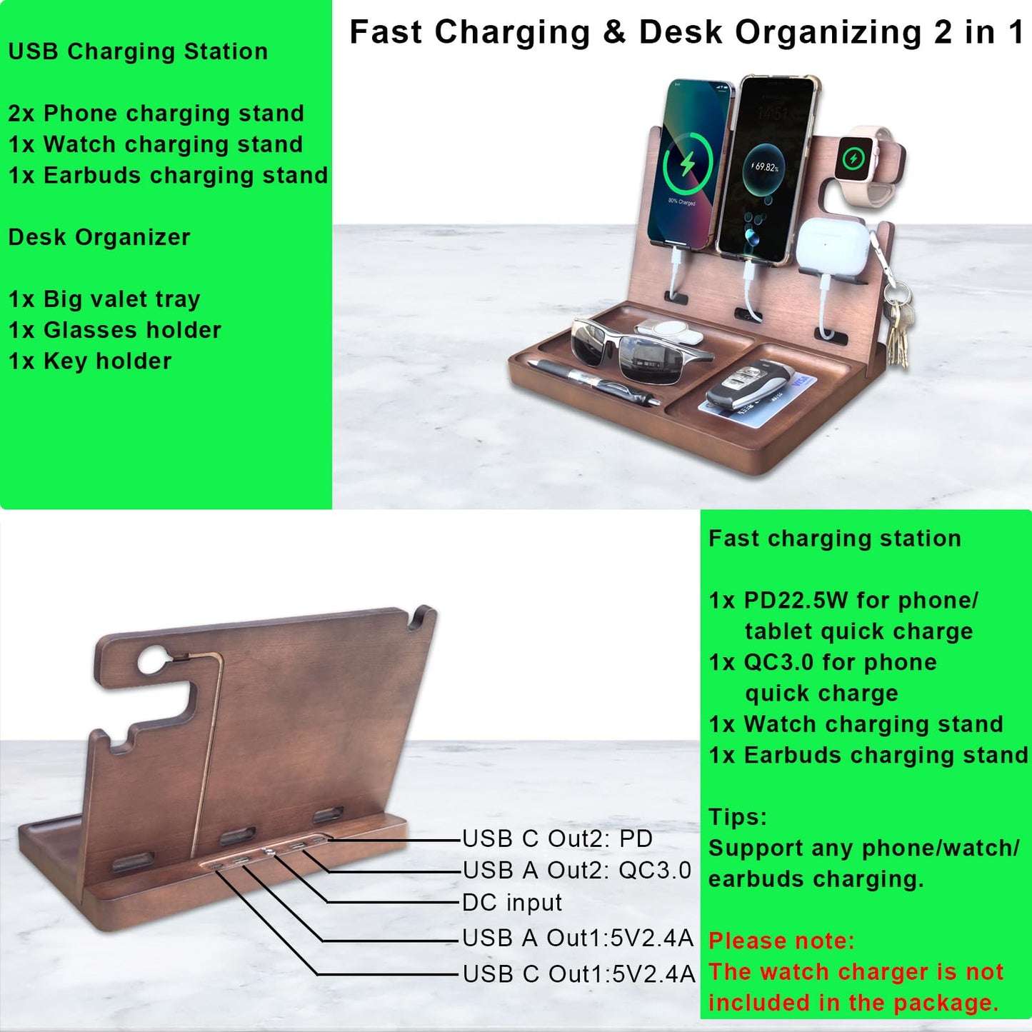 Xunhomon Wood Phone Docking Station Nightstand Organizer Charging Station with QC 3.0 & PD22.5W Fast Charger for iPhone Samsung Android Watch Airpod Anniversary Birthday Gifts for Men